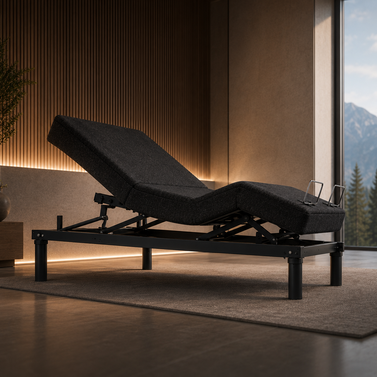 Premium iTilt Incline Therapy Adjustable Base in a luxury wellness bedroom setting featuring full-platform 12-degree incline therapy positioning, zero gravity articulation, premium charcoal woven upholstery, and advanced recovery-focused sleep technology.