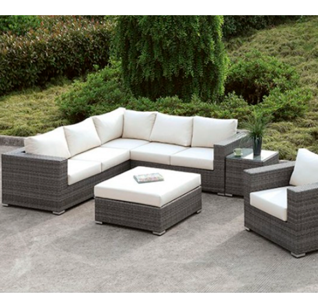Somani Contemporary Light Gray Patio L-SECTIONAL + CHAIR + COFFEE TABLE + END TABLE